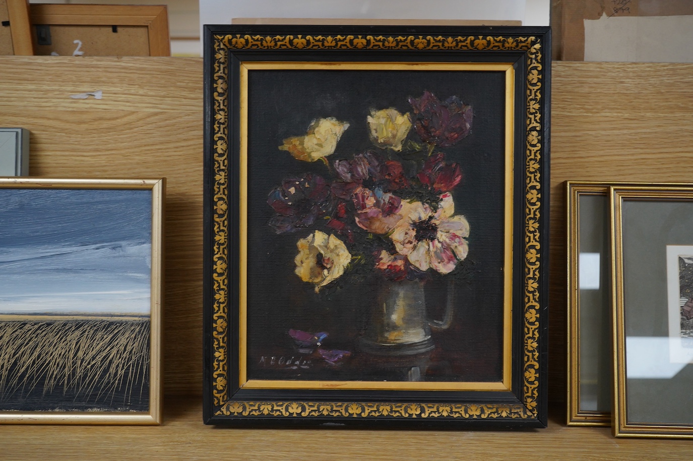 Mary E. Oddie (1931-1937), impasto oil on canvas, Still life of flowers in a jug, signed, 29 x 23cm, housed in an ebonised and gilt frame. Condition - poor to fair, some paint chips centre left